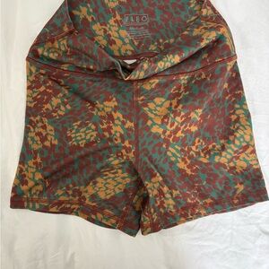 Fleo Women's High-Rise Athletic Shorts in Green, Rust & Mustard Print
